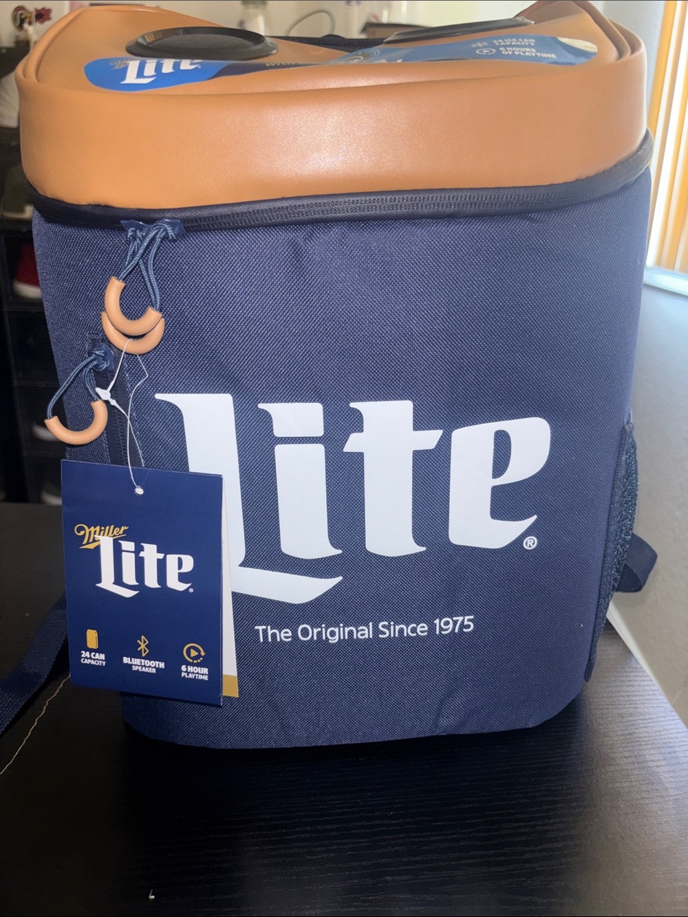Miller Lite Navy and Tan Soft-Sided backpack Cooler with Bluetooth Speaker